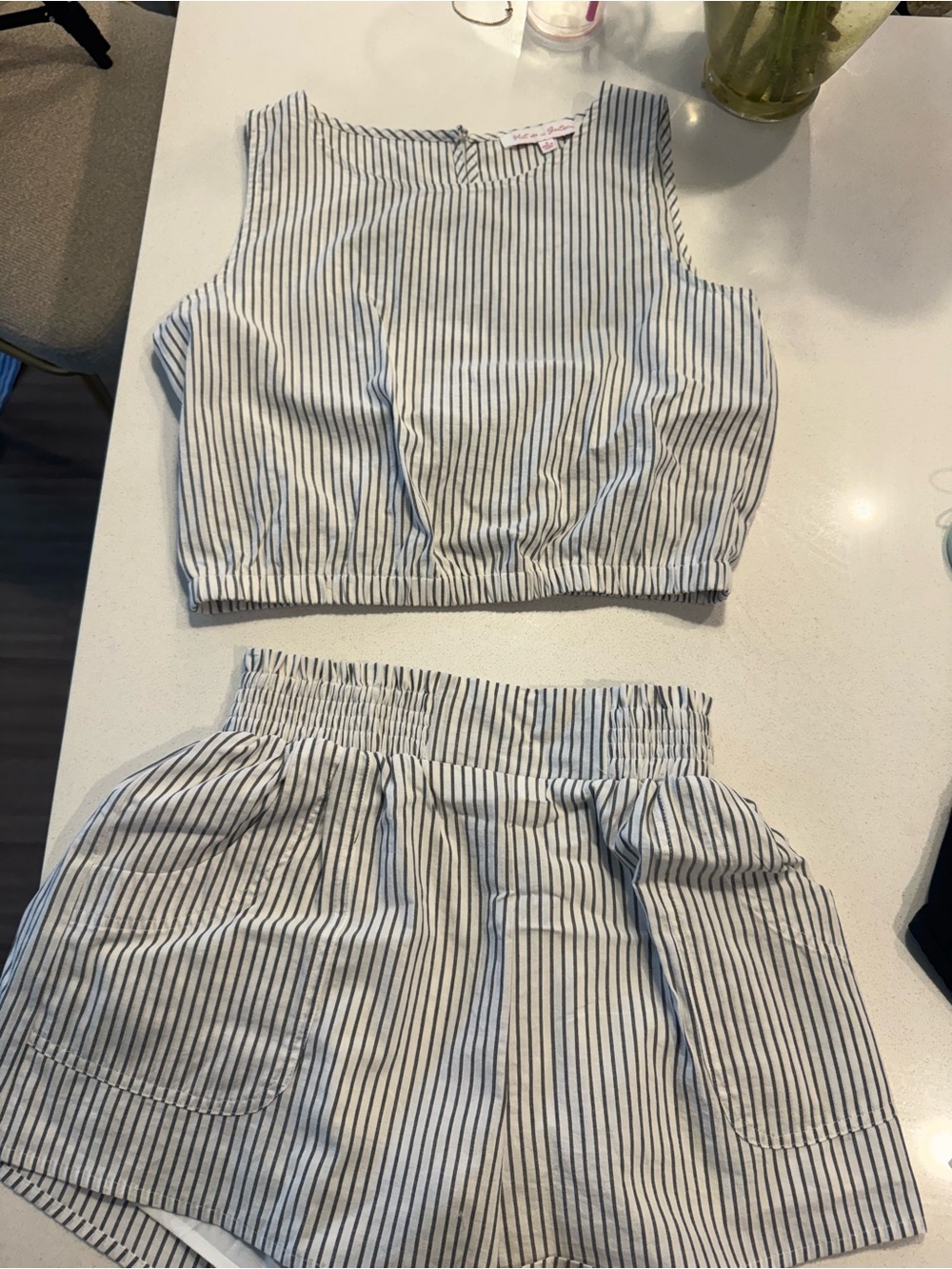 Striped Women’s ' Elastic-Waist Shorts in White & Blue